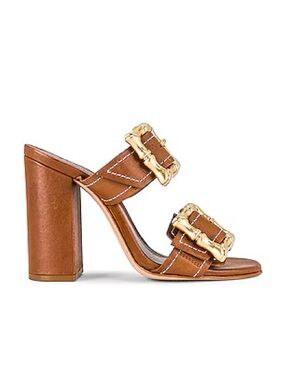 SCHUTZ Tan Leather Double-Buckle Block Heel Sandals with Gold Buckles
